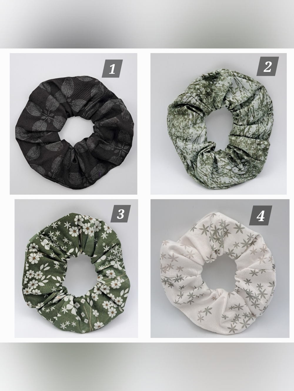 ONE Floral Print Scrunchie Hair Tie - Green & Black 100% Cotton